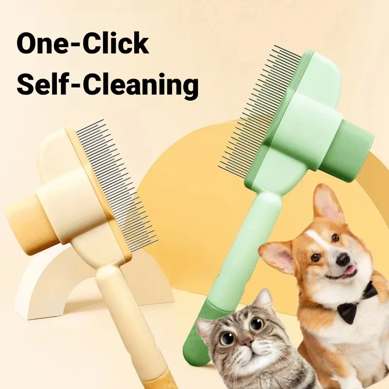2 Pack Pet Comb for Dogs Cats with Long Short Stainless Steel Metal Teeth for Shedding and Tangles, Self-Cleaning Pet Comb,Pet Hair Removal Comb Flea Comb, Cat Brush with Release Button