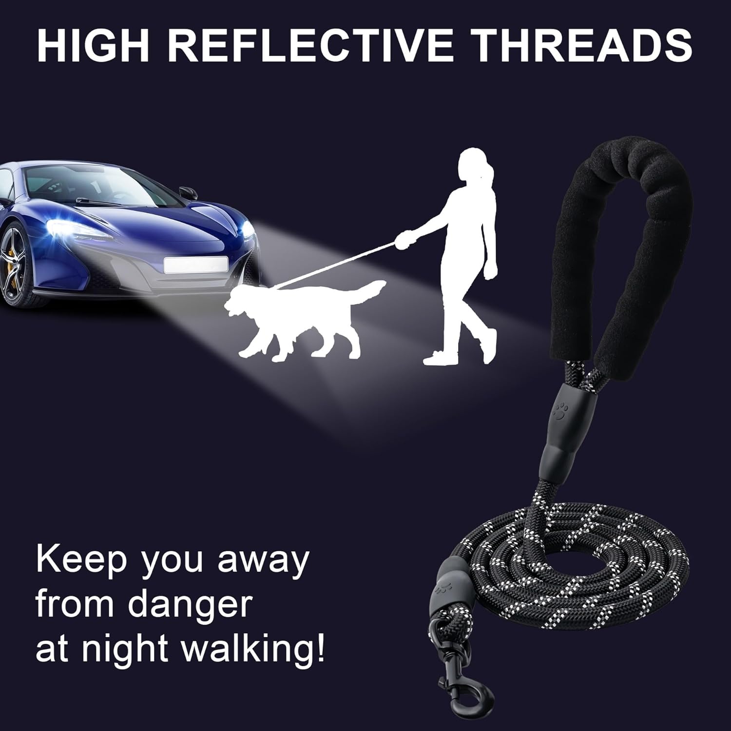 2 Pack Dog Leash, 4/5//6 FT Heavy Duty Nylon Rope Pet Leashes with Comfortable Padded Handle, Reflective Dog Leashes for Small Medium and Large Dogs (5FT-1/2,Black/Black)