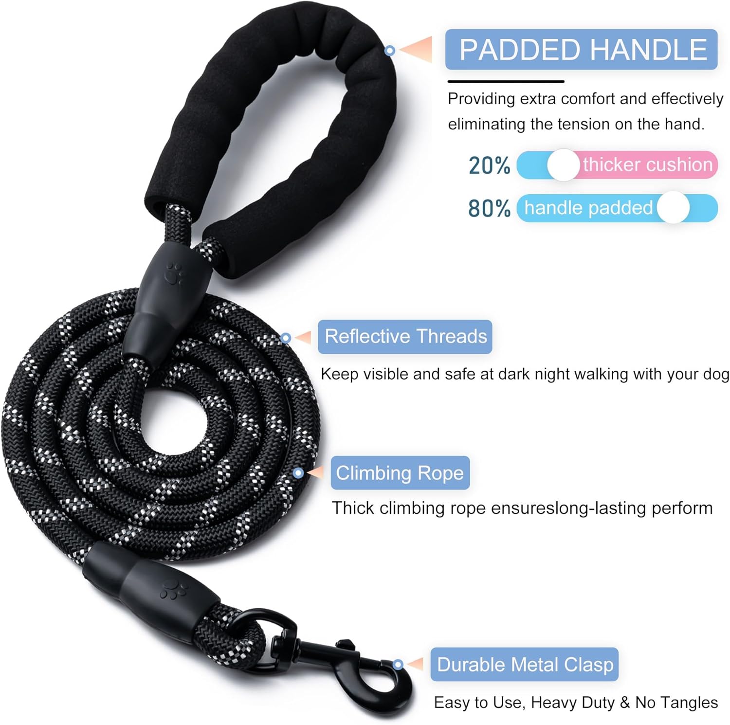 2 Pack Dog Leash, 4/5//6 FT Heavy Duty Nylon Rope Pet Leashes with Comfortable Padded Handle, Reflective Dog Leashes for Small Medium and Large Dogs (5FT-1/2,Black/Black)