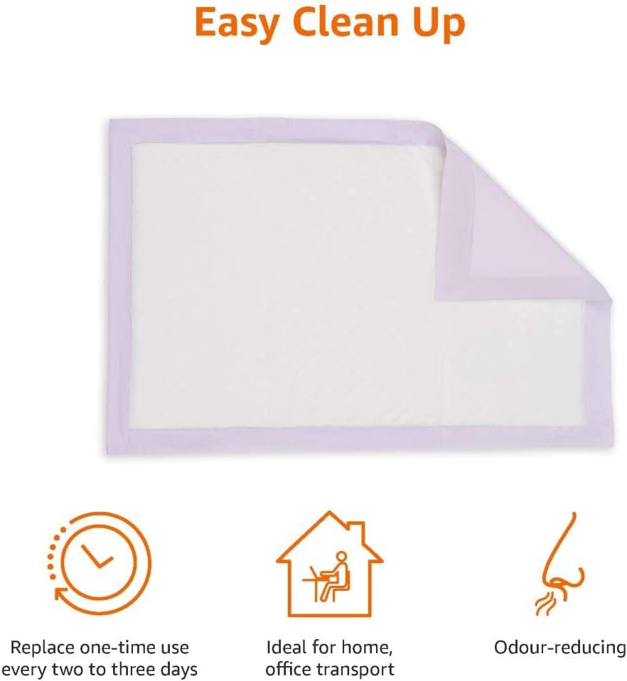 Basics Cat Pee Pads, Odor Control, Super Absorbent, Disposable, Universal Fit for Litter Box, Unscented, Multi Cat, White/Purple, 60 Count