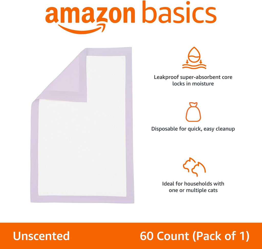 Basics Cat Pee Pads, Odor Control, Super Absorbent, Disposable, Universal Fit for Litter Box, Unscented, Multi Cat, White/Purple, 60 Count