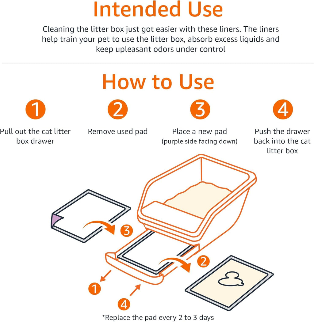 Basics Cat Pee Pads, Odor Control, Super Absorbent, Disposable, Universal Fit for Litter Box, Unscented, Multi Cat, White/Purple, 60 Count