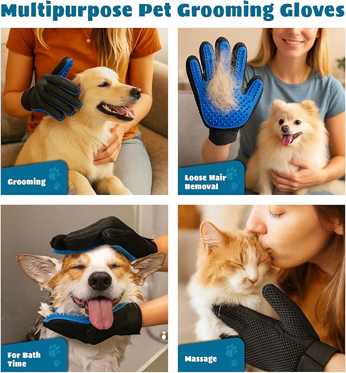 Pet Hair Removal Glove for Dogs & Cats, Soft Rubber Bristles Grooming Glove, Massage & Deshedding Tool for Shedding Fur